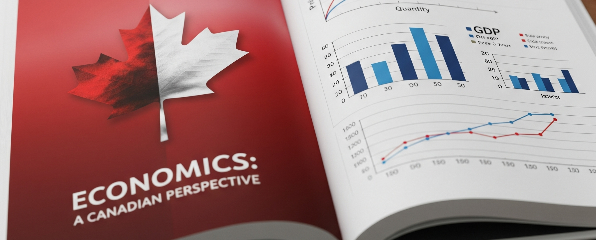 An open textbook with economic charts and a Canadian maple leaf on the cover.