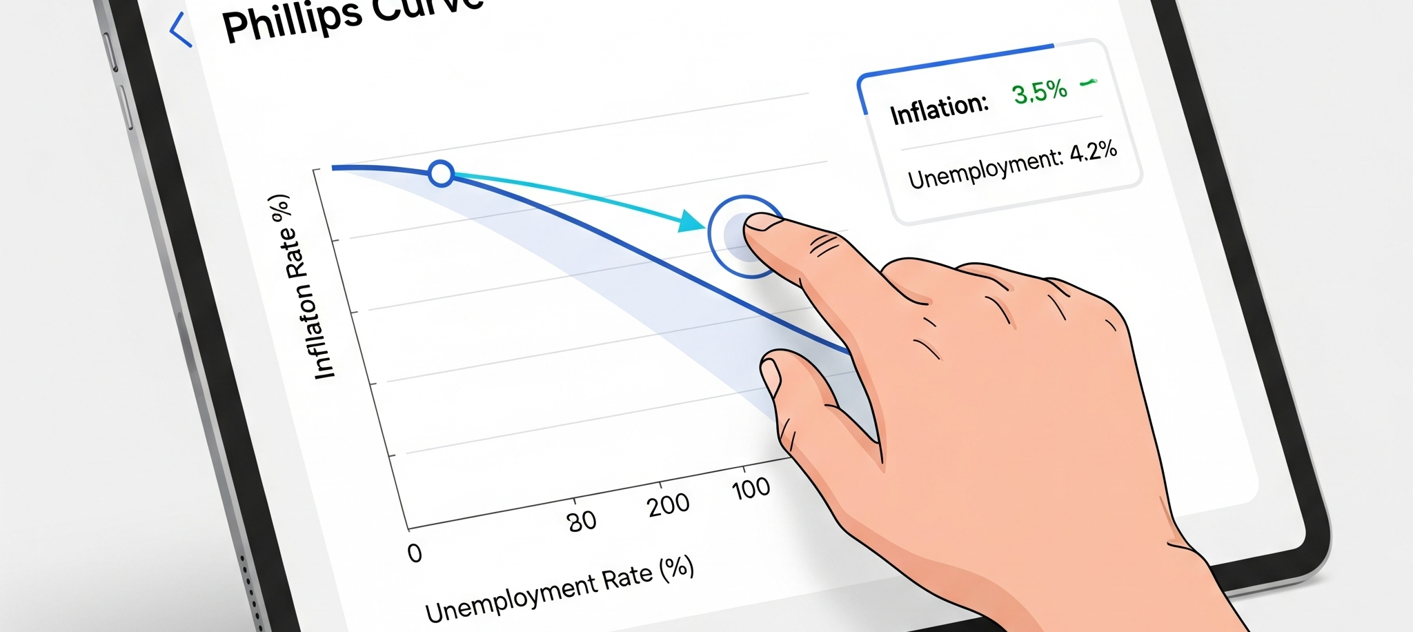A hand dragging the Aggregate Demand curve on a digital graph, representing an interactive learning tool.