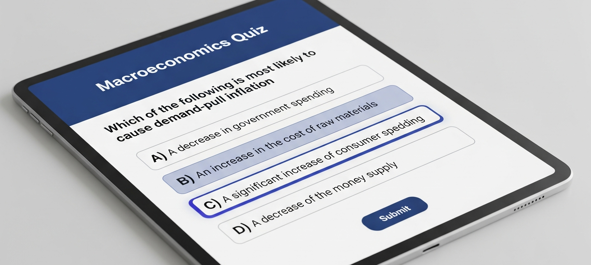 An interactive quiz on a tablet screen with a multiple-choice question about macroeconomics.